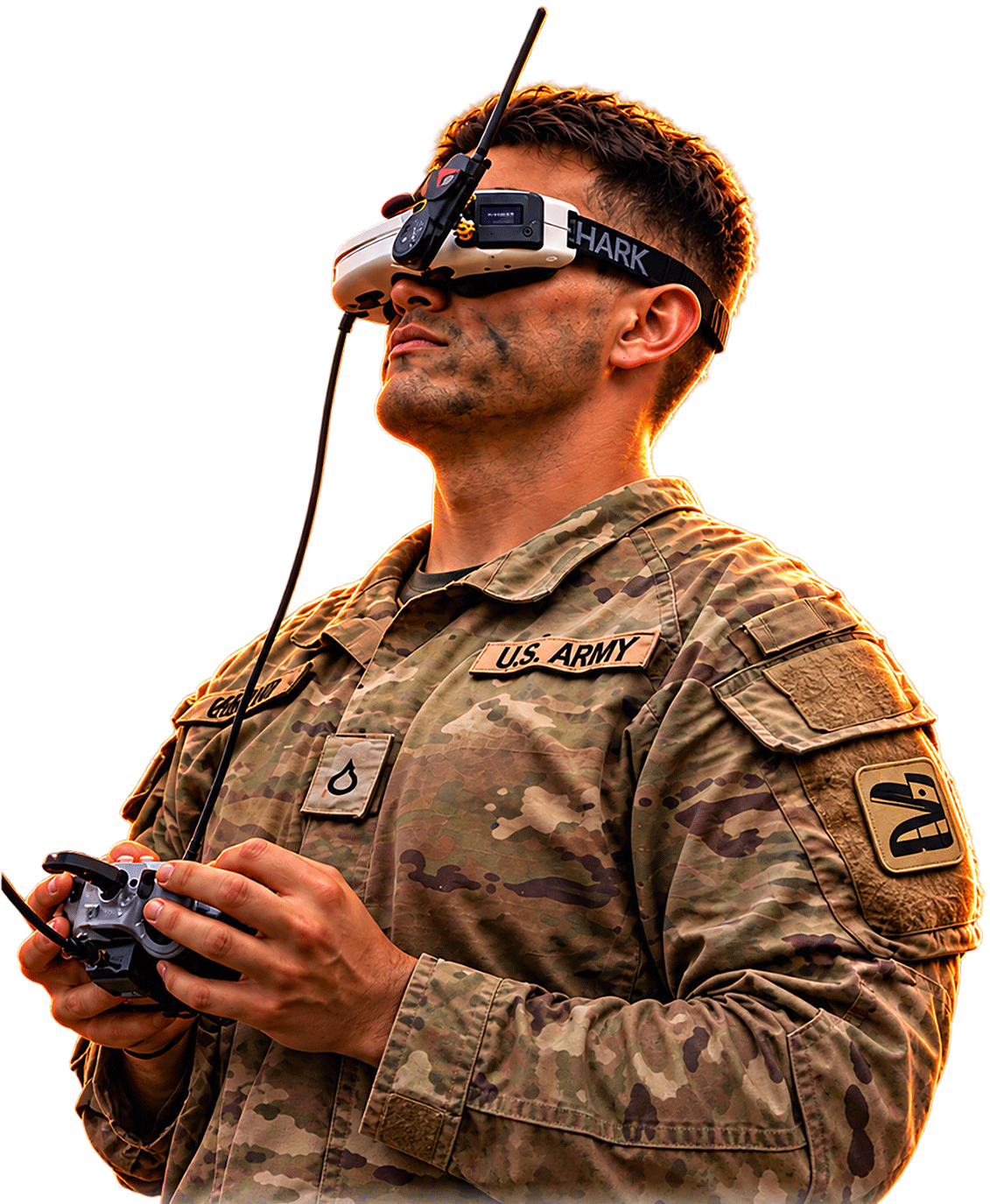 Soldier wearing FPV goggles and holding a drone controller
